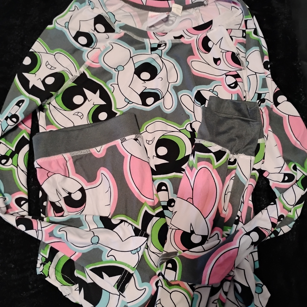 Powerpuff Girls Cartoon Print Pajama Set - Pink, Green, Gray